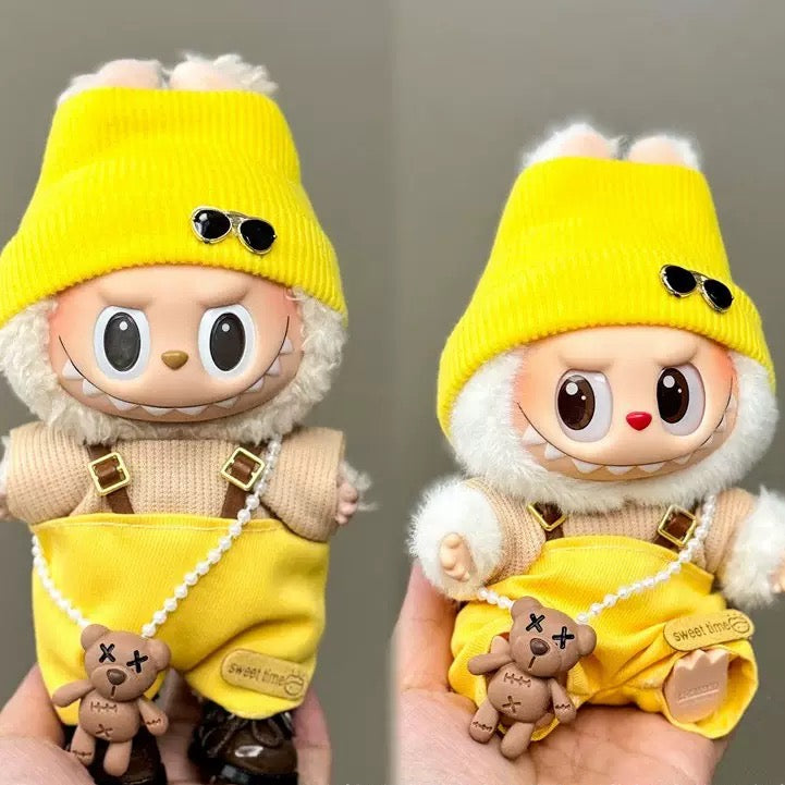 Labubu Clothing – Sunny Yellow Knit Beanie & Teddy-Charm Corduroy Overalls